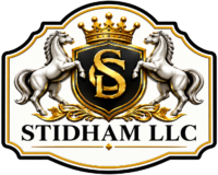 Stidham LLC crest logo with gold crown, shield, and two silver horses